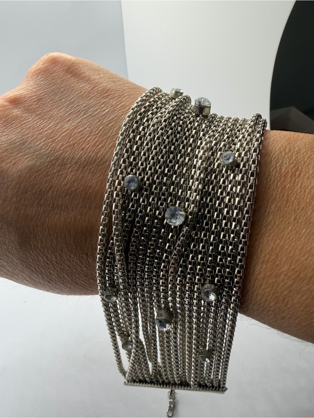 Source Unknown Silver Multi-Chain Rhinestone Fringe Cuff Bracelet - Picture 3 of 11